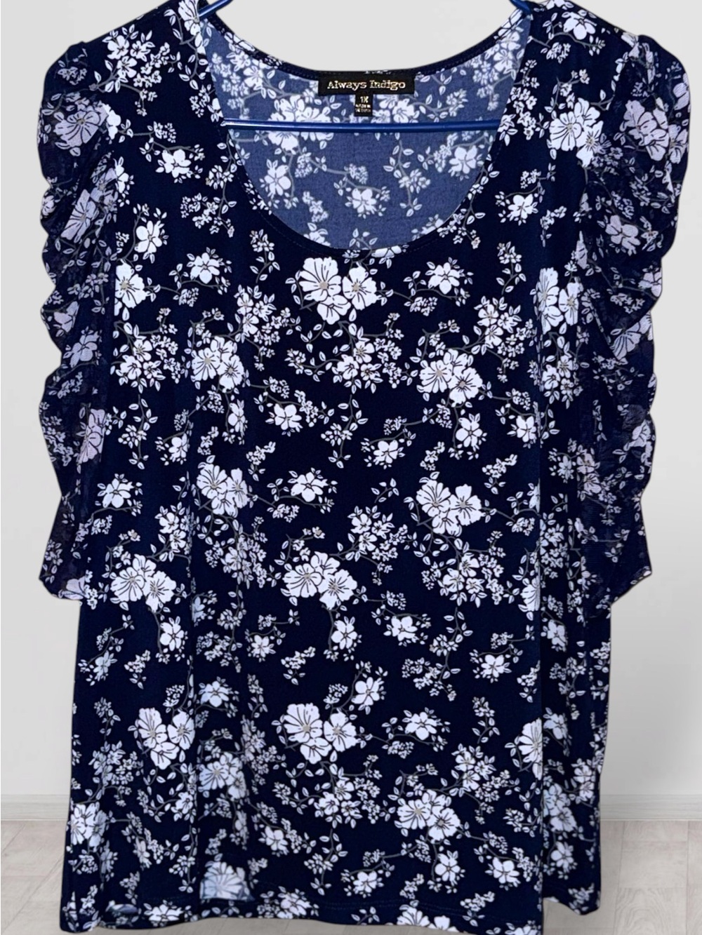 🌼Always Indigo Navy Floral Sheer Srunched Sleeve Blouse